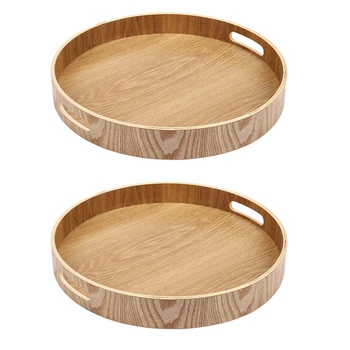 2 кръгли сервировочных бамбукови дървени поднос за масата за хранене тави, употребявани, чаено бара, контейнер за храна за закуска, дръжка за тавата за съхранение на 3