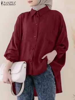 2023 ZANZEA Мода Ейд Мубарак Мюсюлманска Блуза Жена Грешен Подгъва на Ризата С Дълъг Ръкав Риза С Ревери Женски Реколта Обикновена Върховете