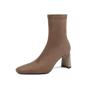 2023 Нови Секси Ластични Дебели Чорапи И Ботуши Елегантни Френски Модни Голи Ботуши С Квадратни Пръсти На Есента И Зимата На Висок Ток
