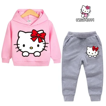 2024, Комплекти толстовок с изображение на Hello Kitty, комплект дрехи за момичета от 4 до 14 години, Дрехи за малките момичета, Блузи, панталони, костюми, спортни костюми, блузи