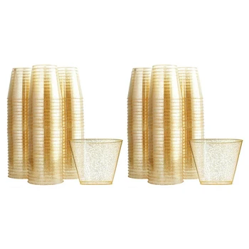 2X Златен пластмасова чаша, еднократна чашка за вода, Златен прах, 90 мл, чаша за сок, чаша за десерт, чаша за муса, Сватбена посуда