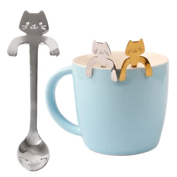 4 Цвят, Кафеена и чаена лъжица сладък котка, Мини-креативна лъжичка с дълга дръжка, Инструменти за пиене, Кухненски приспособление, Лъжица за съдове от неръждаема стомана.