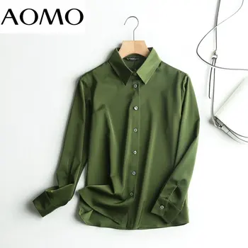 AOMO дамски сатенени зелени ризи с дълъг ръкав, обикновена, с отложным яка, елегантни, офис, дамски работни облекла, блузи, високо качество 6D4A
