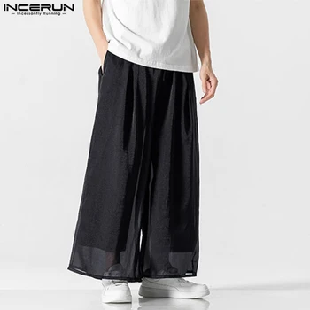 INCERUN Мъжки широки панталони, обикновена джоггеры за джогинг, Свободни панталони с завязками, мъжки полупрозрачна градинска дрехи, реколта дълги панталони S-5XL