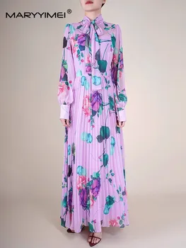 MARYYIMEI, Модерно дизайнерско есен женствена рокля с яка-шал, празнични рокли с дълги ръкави и цветисти принтом