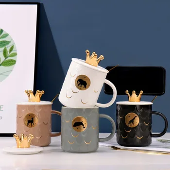 Nordic Crown Cup Cover, ретро керамична чаша за вода, подарък чашата за кафе с голям капацитет, чаша за двойки с голям капацитет