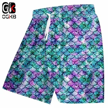 OGKB Мъжки плажни шорти, летни стръмни и къси панталони-бермуди с 3D принтом риба везни, мъжки тениски за културизъм и фитнес с дължина до коляното