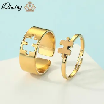 QIMING Пъзел Promise Ring За такива двойки Бижута Златни Сребърни Пръстени Комплекти Геометрични подреждат една върху друга на пръстените Подарък
