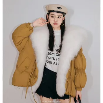 TXii Ново зимно дамско топло палто с голям размер с яка от естествен лисьего кожа, дебела и луксозна горно облекло, Нова мода яке на 90% гусином топола 2023 година.