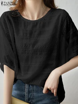 ZANZEA Бохемската лейси блуза в стил мозайка Лятна Дамска риза с къс ръкав Дамски Модни Ежедневните Свободни топове Празнични Blusas Mujer 2023