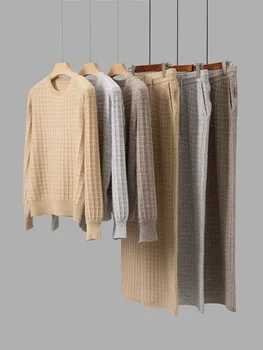 Вязаный женски комплект 2023 година, нов ден за ден пуловер с кръгло деколте и дълги ръкави от 100% кашмир и прави дълги панталони с еластична талия