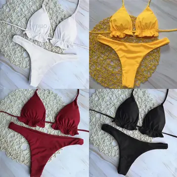 Годишен женски секси бандажный бразилски комплект бикини, топ, прашки, долна комплект, плажни бански костюми с ефект повдигащ, женски бански дантела, плажно облекло