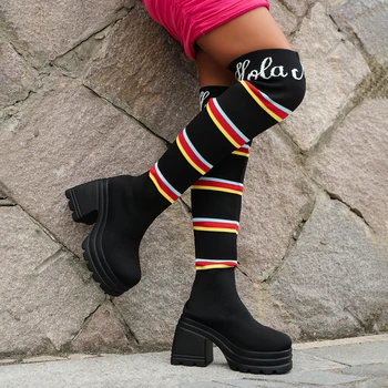 Дамски crochet ботуши над коляното на платформата, Еластична, Дълга топла обувки, подходящи по цвят дами 