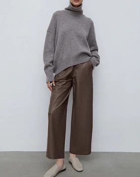 Дамски кожени панталони с прав штанинами за почивка 2023, есенно-зимния моден дизайн, кожени панталони с висока талия, темперамент, за пътуване до работа