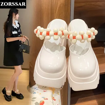 Дамски летни чехли Baotou; 2024 Нови модни сандали от лачена кожа на висок ток; дамски джапанки-джапанки на платформа