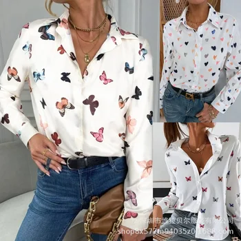 Дамски модни риза с дълъг ръкав и принтом 2023, риза с ревера и пеперудата