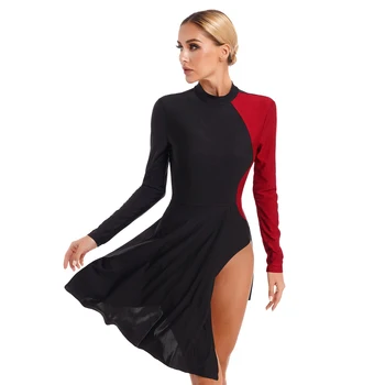 Дамско модерно рокля за лирични танци, рокли-чорапогащник с цветен блок с дълъг ръкав за по ски, съвременни танцови за изпълнения