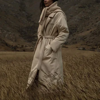 Дамско палто с яка Поло, най-дългата памучен яке, Есента и Темпераментна Модерен Обикновен джоб С колан, памучен яке