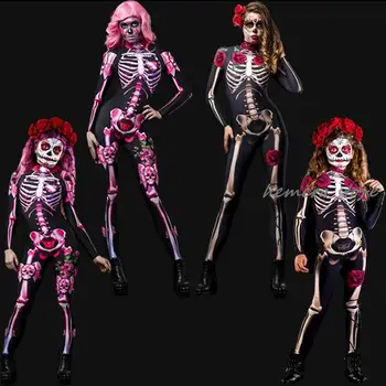 Ден на Мъртвите Женски костюм на Страшния призрак Роза Скелет Хелоуин Секси гащеризон Дявола за момичета карнавальная дрехи за деца и възрастни