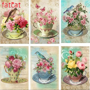 Диамантена живопис FATCAT новата Кафеена чаша с цветя и птици, направи си сам, пълна мозайка бродерия, комплекти за бродерия на кръстат бод, начало декор AE3744