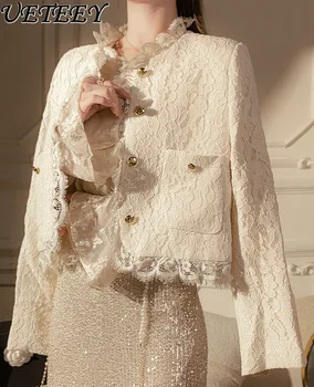 Елегантен женски дизайн, Луксозно бельо бяло палто ръчно изработени, женски есен ново однобортное палто с дълъг ръкав, къси жилетка, топ