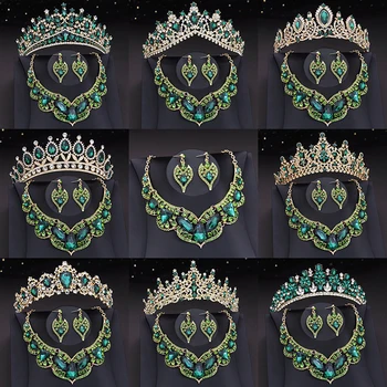 Елегантни комплекти, сватбени бижута от зелен кристал от Сватбената Корона, Диадемами, огърлица за булката-обеци, Бижута, определени от Дубай, Аксесоари