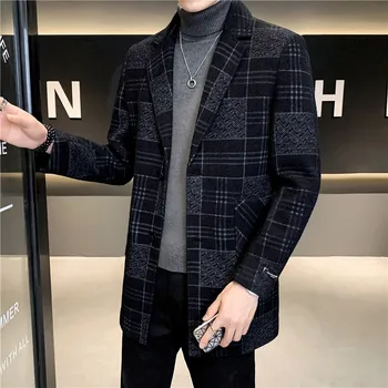 Есен-зима 2021, ново мъжко палто, вълнена от смесовой вълна, дълга тънка бизнес ежедневни топло яке, за мъже висококачествена луксозна сако с ревери, однотонная