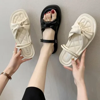 Женски Нови модни чехли за двама 2024 година, Удобни, меки обувки на плоска подметка, от изкуствена кожа с високо качество дамски сандали