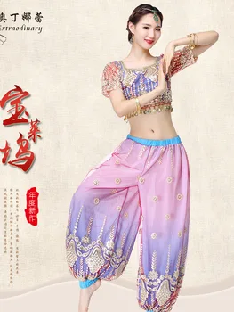 Женски костюм за танц на корема, съкратен топ с пайети, зреещи, на Изток-индийското танцово рокля, костюм за изяви на Хелоуин