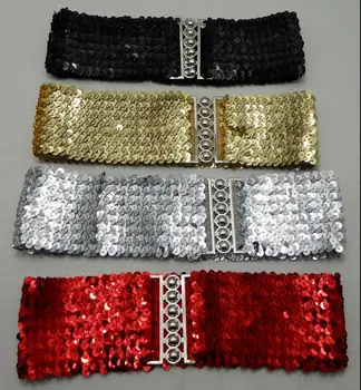 Женствена рокля с широк колан от метални пайети с дължина 7,5 см, Златното + Black + Silver + червено, Широк еластичен колан