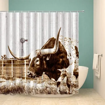 Завеса за душ от краве плато, селска фермерска къща, Texas говеда, дървена ограда, вятърна мелница, завеси за баня от плат за селскостопански животни в западна страна