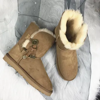 Зимни обувки от естествена кожа 2023, топло дамски обувки, нескользящая естествена овча кожа, дебела кожа, Класически зимни дамски обувки на копчета.