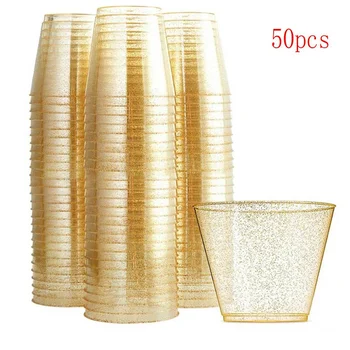 Златни пластмасови чаши, прозрачни пластмасови чаши за вино, модни за еднократна употреба на твърди пластмасови чаши със златен блясък за празнични чаши 50шт