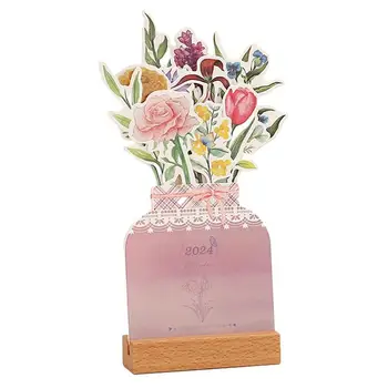 Календар С дървена основа Изискан Настолен календар във формата на ваза декор на масата, за Декорация на дома, Маса с гъвкави Цъфтящи цветя