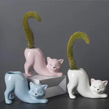 Керамична саксия за котки Настолна Плантаторша Притежателя вази, Саксии във формата на животни в Котешка форма Тенджери Съвременен Творчески Саксия за градината Сватба