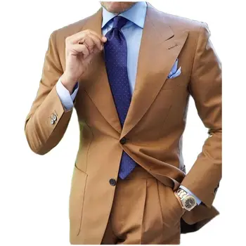 Класически кафяво Сако + панталон от 2 теми, бизнес костюм, комплекти за мъже, Съвременен дизайн палто и панталони, Есента модерен обикновен тънък сватбен комплект