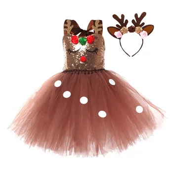 Коледен костюм за cosplay, с елени, блестяща рокля-пакет от лосове с превръзка на главата, комплект от окото на тюл принцеси за момичета, рокля