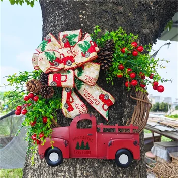 Коледна червена гирлянда за камиони, Венец от реалистични изкуствени плодове, с лък, лента от зебло