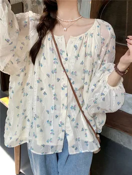 Корейски ежедневни ризи Сладък Дамски Модни Блузи с цветен модел Свободни Блузи с дълъг ръкав Дамски Елегантни Тънки Луксозни ризи с бродерии, копчета