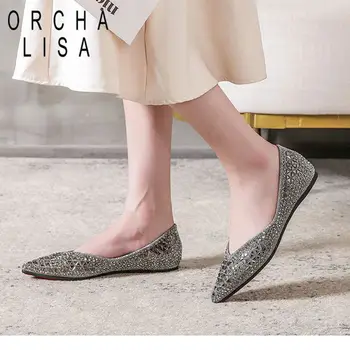Корейски марка ORCHA LISA / Женски лоферы-слипоны на равна подметка с остри пръсти, украсени с кристали, Дамски летни обувки, Мека ежедневни обувки, Големи размери 42 43