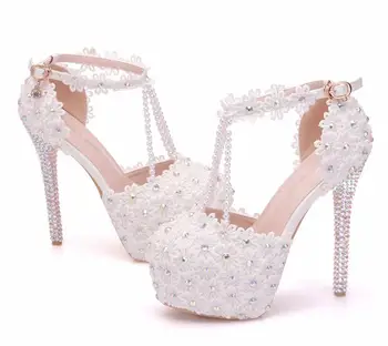 Кристален кралицата на Бели Цветя Перлена пискюл За младоженци На ултра високи токчета Тънки Дантелени сватбени обувки Сандали на платформа