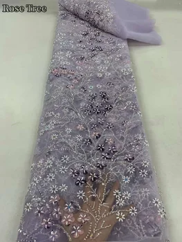 Луксозна лилаво лейси плат с френски пайети, расшитая мъниста 2024, благородна Африканска лейси тъкани от тюл в нигерия стил за вечерните рокли