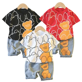Лятна памучен дрехи за момчета и момичета, Детски тениски с анимационни мечок + шорти, 2 бр./компл., спортен костюм за деца, ежедневни облекла за бебета