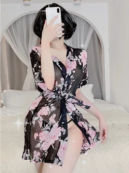 Мини-рокля с флорални принтом, бельо в японски стил, Дамски домашни дрехи с къс ръкав, Елегантен Свободен ежедневното рокля 6BRH