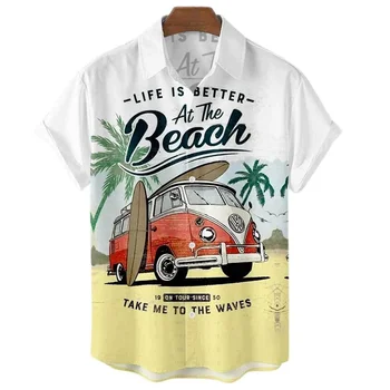 Мъжка риза с къс ръкав и яка за почивка на море, Нов, красив плаж с сыпучим пясък в Хавай, Големи ярды, Camisa Floral Casual