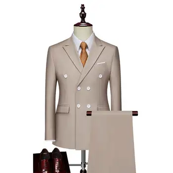 Мъжки костюм, бизнес случаен комплект от 2 теми, Двубортный обикновен комплект, подходящ за сватбен банкет, яке с черни