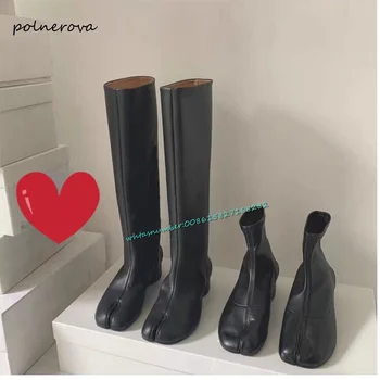 Най-новите високи обувки Tabi с разцепени пръсти, черни кожени ботильоны на кръгла ток, Модни дамски обувки за партита на модния подиум 2023, есента свободно време