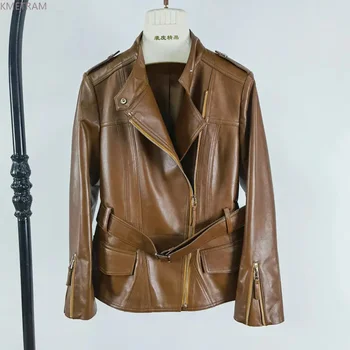 Натурална яке Дамски 2024 Нови Тънки Елегантни Дамски якета Корейски модни палта от овча кожа Мотоциклетни палто