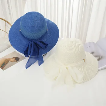 Нова лятна сламена шапка с широка периферия и лък, Модни дамски Uv-панама, Ежедневни, плажни шапки за почивка сред природата