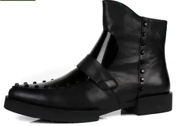 Нови модни мъжки обувки без обков от естествена кожа, ботильоны с нитове, зимни черни мъжки обувки с остри пръсти, с високо берцем
